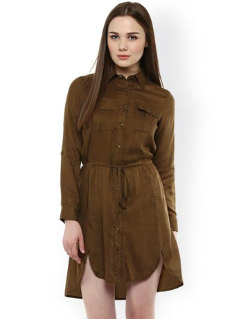 Rosyalps Olive Brown Solid Shirt Dress